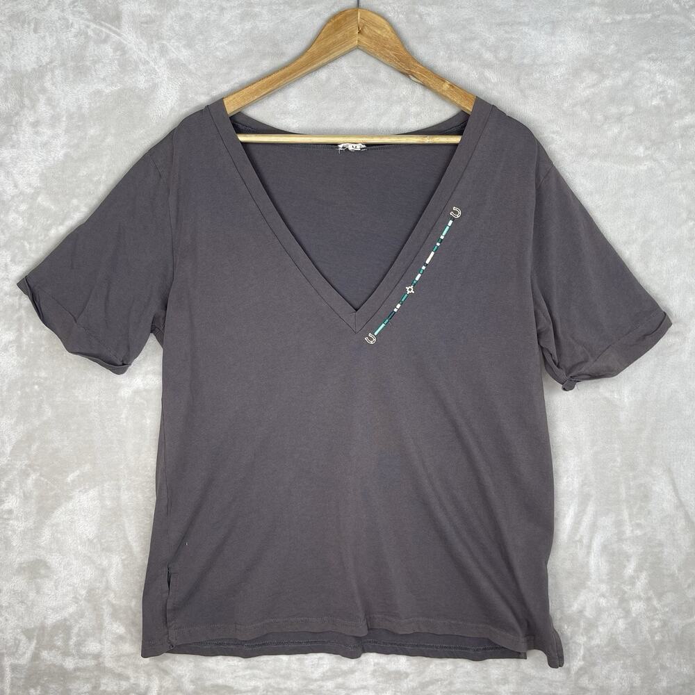 POL Embroidered Horseshoe Aztec V Neck Top Sz Med Boho Equestrian Southwestern